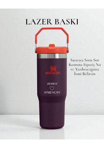 Kişiselleştirilebilir The Iceflow Flip Straw Pipetli Termos 0,89 L Mor/turuncu Özel İsimli