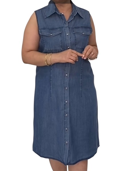 Büyük Beden Ince Denim Kot Kumaştan Boydan Düğmeli Gömlek Yaka Iki Cepli Kolsuz Jean Elbise