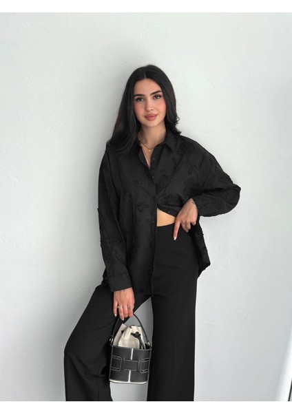 Kadın Konfor Modeli Siyah Varak Desenli Işlemeli Dantel Desenli Oversize Regular Tasarım Gömlek