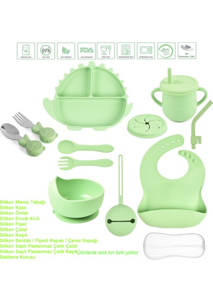 Silikon Beslenme Seti, Mama Tabağı, Kase, Emzik Kılıfı, Çatal-Kaşık, Pipet, Bardak, Önlük / Yeşil