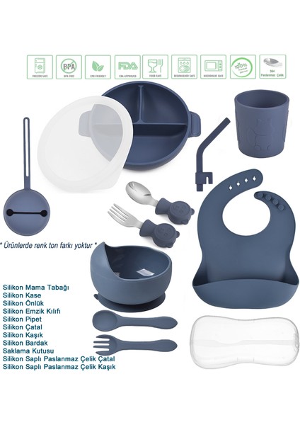 Silikon Beslenme Seti Kapaklı Vakumlu Silikon Mama Tabağı, Bardak, Kase, Pipet, Önlük, Çatal, Kaşık, Paslanmaz Çelik Çatal-Kaşık ve Saklama Kutusu / Lacivert