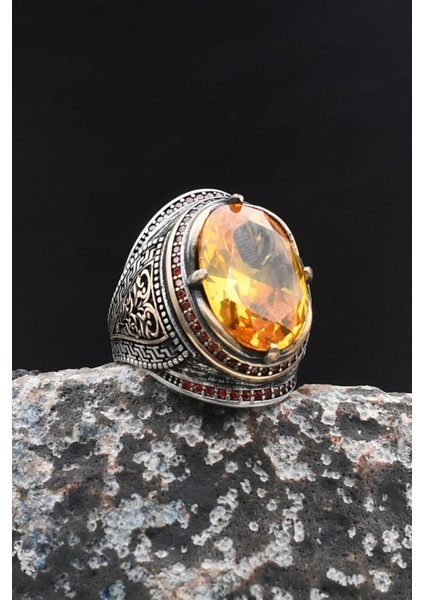Gümüş Yüzük Sitrin Taşlı Zirkon Taş Süslemeli 902025