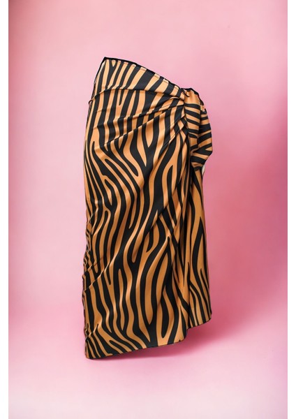 Bakır Zebra Desenli Uzun Pareo Saten Kadın Plaj Elbisesi Yeni Sezon
