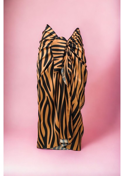 Bakır Zebra Desenli Uzun Pareo Saten Kadın Plaj Elbisesi Yeni Sezon modelleri