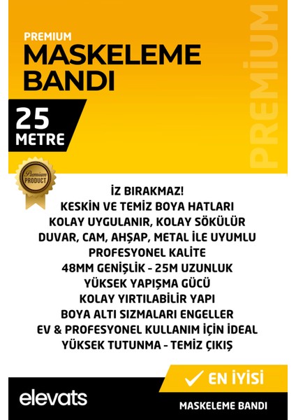 Premium 48MM x 25M Maskeleme ve Boya Bandı – Iz Bırakmaz, Yüksek Kalite Kağıt Bant modelleri