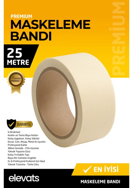 Premium 48MM x 25M Maskeleme ve Boya Bandı – Iz Bırakmaz, Yüksek Kalite Kağıt Bant