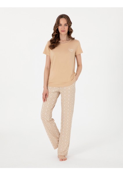 Kadın Bej Kısakollu Pijama Takımı 50318999-VR011 fırsatları