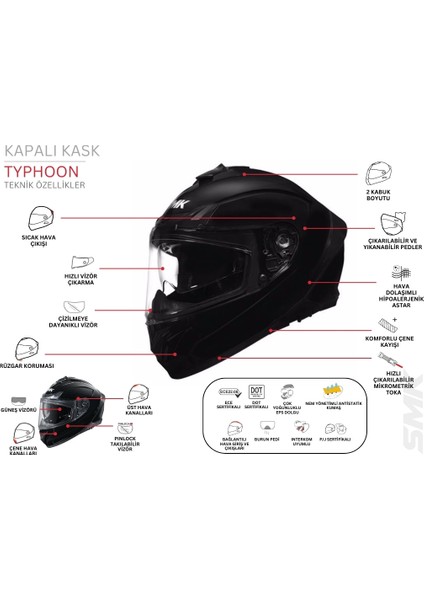 Smk Typhoon Aerot Kapalı Kask fiyatları