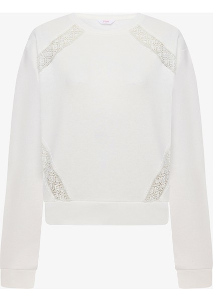 Beyaz Bisiklet Yaka Nakış Detaylı Sweatshirt
