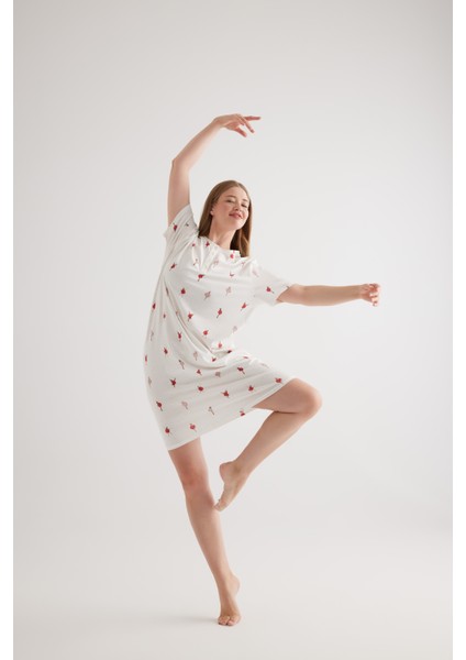 Kadın Plus Size Pamuklu Patlı Kısa Kollu Gecelik