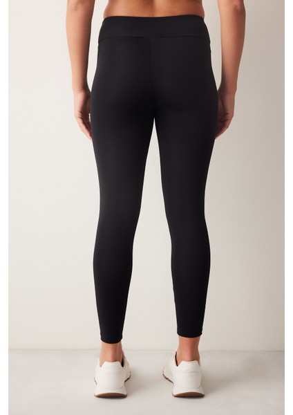 Siyah Yüksek Bel Korse Görünümlü Bilek Boy Tayt