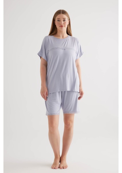 Kadın Plus Size Viscose Kısa Kollu Şortlu Pijama Takımı