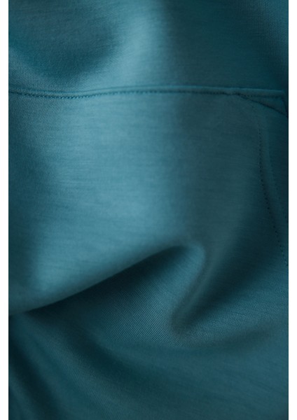 Turkuaz Mavi Yarım Fermuarlı Kapüşonlu Silky Touch Sweatshirt