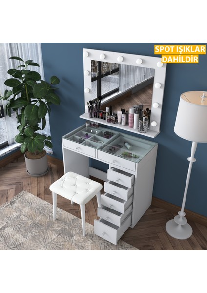 BJ160 Hollywood Işıklı Aynalı Kulis Makyaj Masası Cam Tablalı 7 Çekmeceli Takı Düzenleyici Puf Takım Beyaz