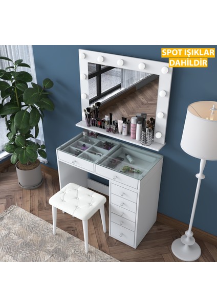 BJ160 Hollywood Işıklı Aynalı Kulis Makyaj Masası Cam Tablalı 7 Çekmeceli Takı Düzenleyici Puf Takım Beyaz fırsatları