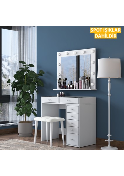 BJ160 Hollywood Işıklı Aynalı Kulis Makyaj Masası Cam Tablalı 7 Çekmeceli Takı Düzenleyici Puf Takım Beyaz indirimleri