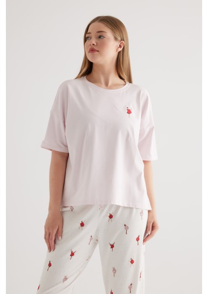 Kadın Plus Size Pamuklu Kısa Kollu Pijama Üstü