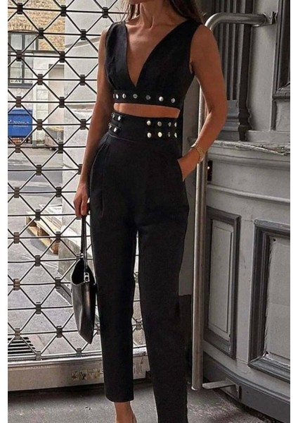 Kadın Double Krep Kumaş Düğme Aksesuar Detaylı Takım