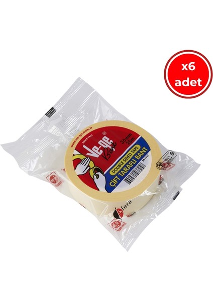 Çift Taraflı Bant, 6 Adet, 36 mm x 25 M, Şeffaf, Iz Bırakmaz