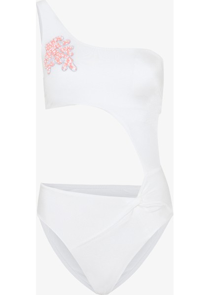 Beyaz Pearl Boncuklu Monokini - Gamze Erçel Koleksiyonu