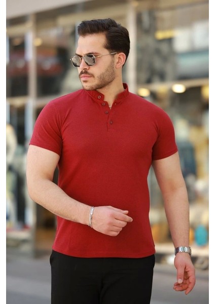 Erkek Hakim Yaka Dokuma Pamuklu Kumaş Kısa Kollu T-Shirt