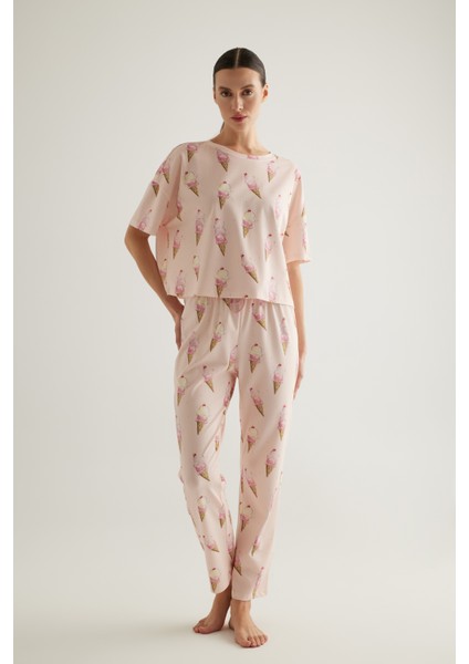 Kadın Pamuklu Kısa Kollu Uzun Pijama Takımı