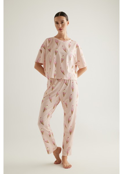 Kadın Pamuklu Kısa Kollu Uzun Pijama Takımı