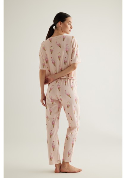 Kadın Pamuklu Kısa Kollu Uzun Pijama Takımı