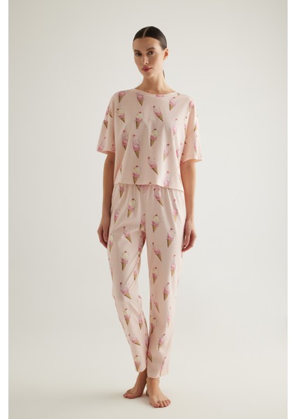 Kadın Pamuklu Kısa Kollu Uzun Pijama Takımı