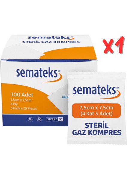 Steril Gaz Kompres Spanç Pamuklu Dokuma Emici Gazlı Bez 7,5cmx7,5cm 100'LÜ Kutu (5'li 20 Paket) (4 Katlı)