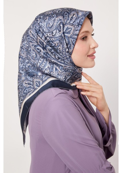 Lacivert Etnik Desen Twill Ipek Eşarp