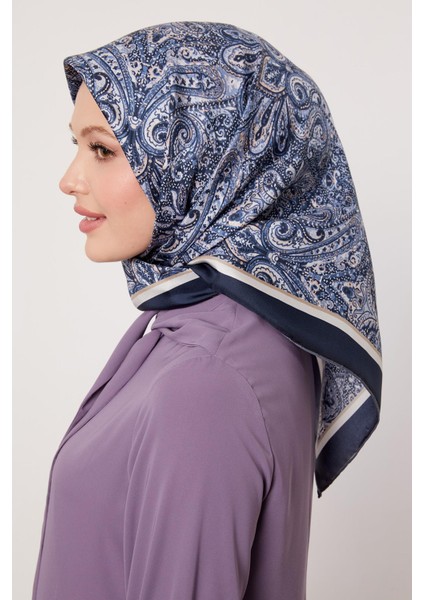 Lacivert Etnik Desen Twill Ipek Eşarp modelleri