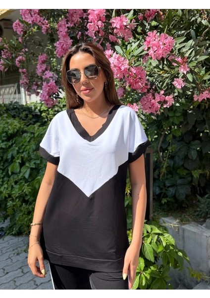 Kadın Kısa Kollu V Yaka Siyah Beyaz Renkli Viskon Iki Iplik Kumaş Eşofman Takımı modelleri