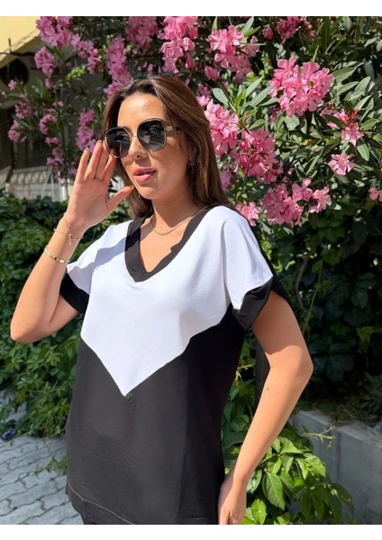 Kadın Kısa Kollu V Yaka Siyah Beyaz Renkli Viskon Iki Iplik Kumaş Eşofman Takımı fırsatları