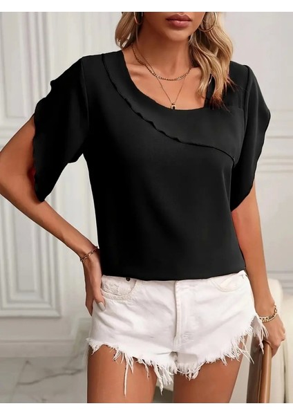 Kadın Kısa Kollu Yaka ve Kol Detay Jesica Bluz fırsatları