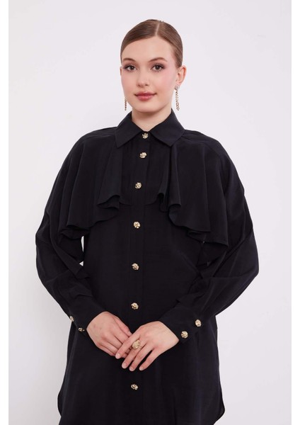 Siyah Volan Detay Düğmeli Gömlek modelleri