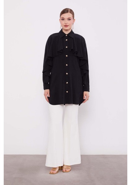 Siyah Volan Detay Düğmeli Gömlek