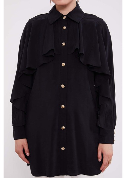 Siyah Volan Detay Düğmeli Gömlek indirimleri