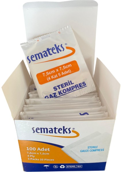 Steril Gaz Kompres Spanç Pamuklu Dokuma Emici Gazlı Bez 7,5cmx7,5cm 100'LÜ Kutu (5'li 20 Paket) (4 Katlı) fırsatları