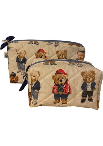 El Yapımı Teddy Bear Temalı 2'li Bakım / Portföy Çantası Seti