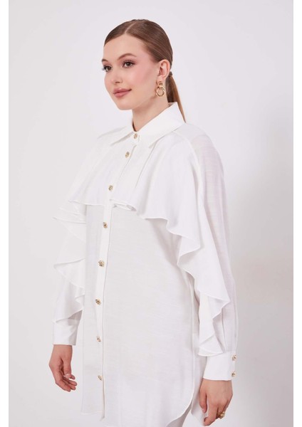 Ekru Volan Detay Düğmeli Gömlek modelleri
