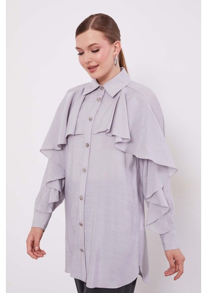 Gri Volan Detay Düğmeli Gömlek modelleri