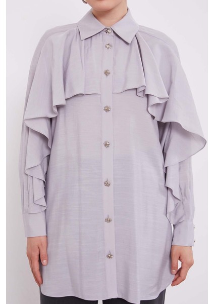 Gri Volan Detay Düğmeli Gömlek indirimleri