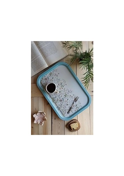 Evle-Botanica Desenli Metal Tepsi - Çay Kahve Tepsisi - Sunum Tepsisi 28 cm x 40 cm (Botanica Blue)