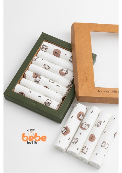 7’li Pamuklu Bebek Mendili Seti Ayıcık Desenli & Düz Ribana Yumuşak Ağız Silme Bezi 20X20CM fiyatları