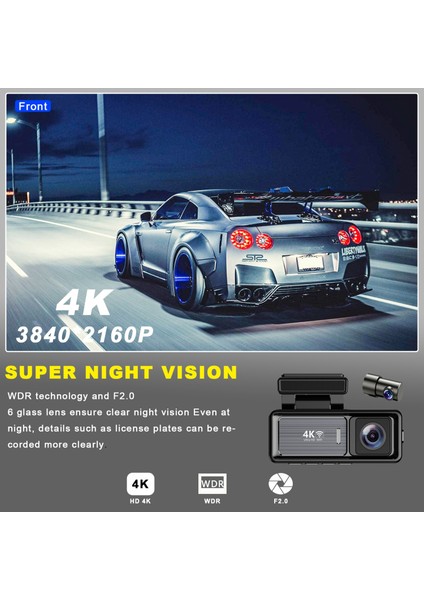 Mını Çift Lensli Wifi Gps Dash Kamera - 4K Ön Kamera & 1080P Arka Kamera, Gece Görüşü, Park Modu, Geniş Açılı Lens, Döngüsel Kayıt, 128GB Sd Kart Desteği (Dahil Değildir) M6