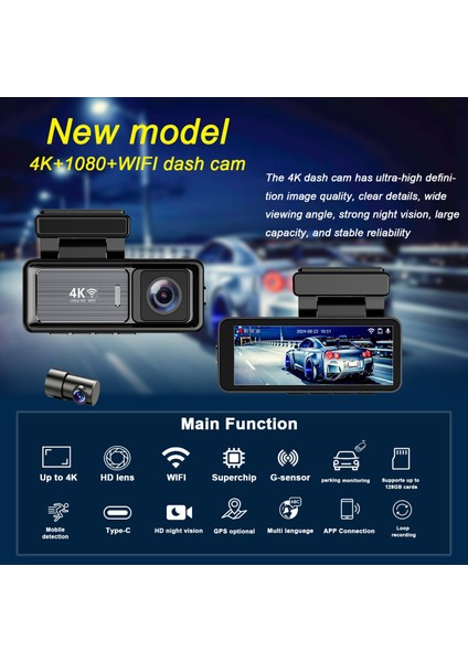 Mını Çift Lensli Wifi Gps Dash Kamera - 4K Ön Kamera & 1080P Arka Kamera, Gece Görüşü, Park Modu, Geniş Açılı Lens, Döngüsel Kayıt, 128GB Sd Kart Desteği (Dahil Değildir) M6