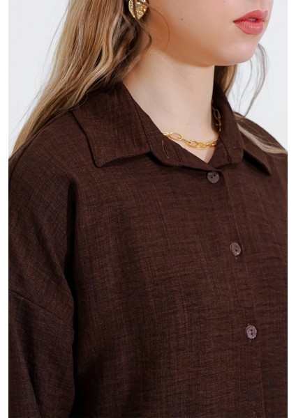 Kahverengi Oversize Keten Alt Üst Takım 6622 fırsatları