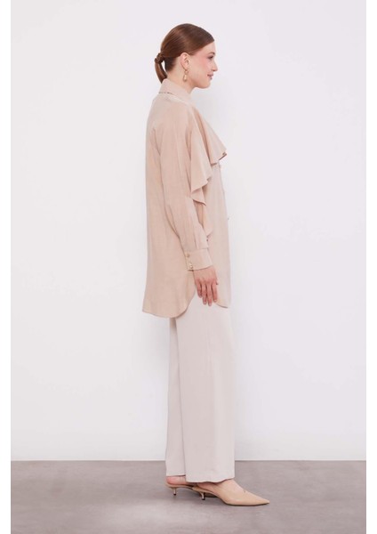 Bej Volan Detay Düğmeli Gömlek fiyatları