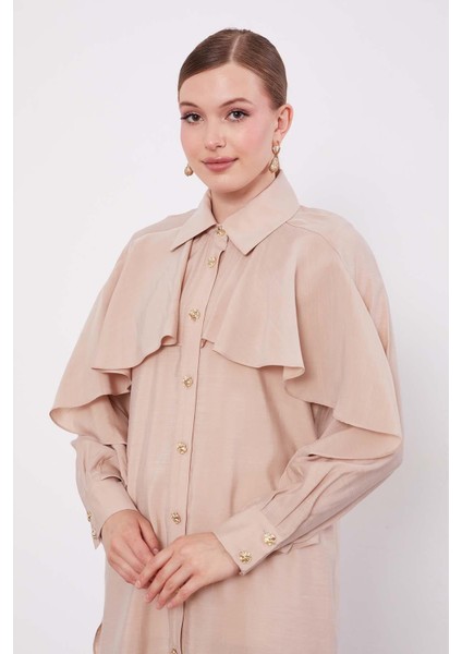 Bej Volan Detay Düğmeli Gömlek modelleri